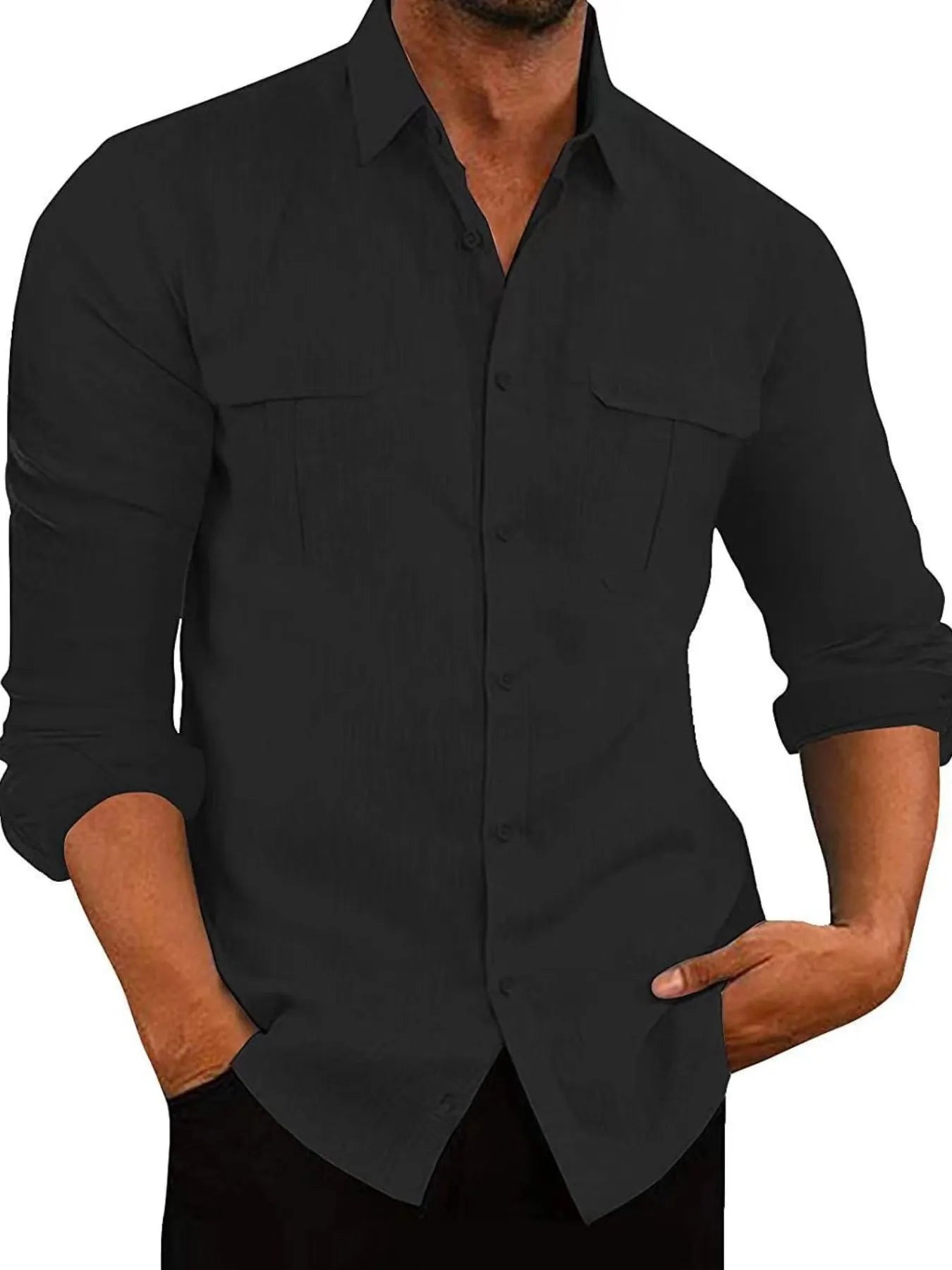 Men's Full Size Long Sleeve Button Down Shirt with Dual Chest Pockets Plus Size