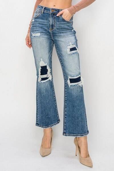 Risen Full Size High Rise Distressed Ankle Flare Jeans