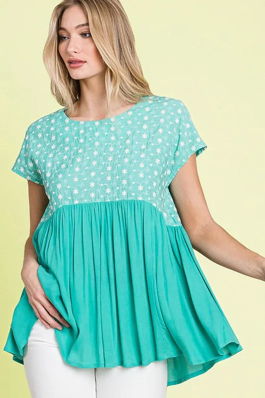Lime 'N' Chili Full Size Embroidered Short Sleeve Pleated Babydoll Top Plus Size