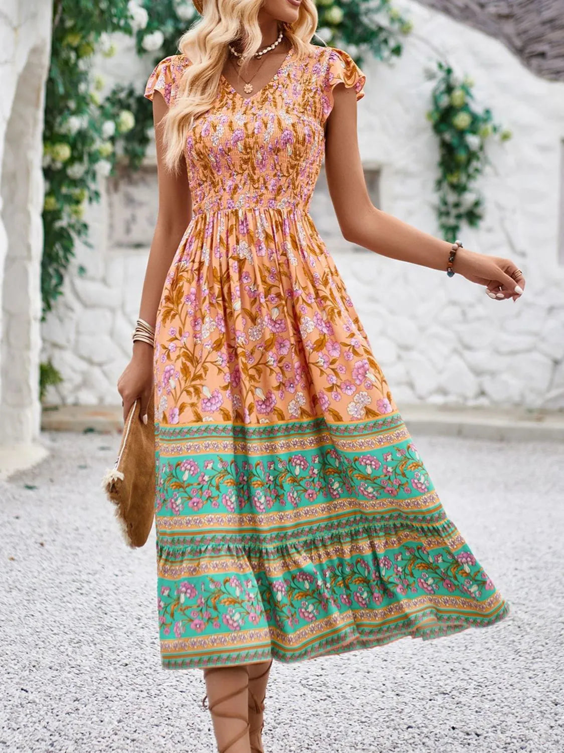 Printed Round Neck Cap Sleeve Dress