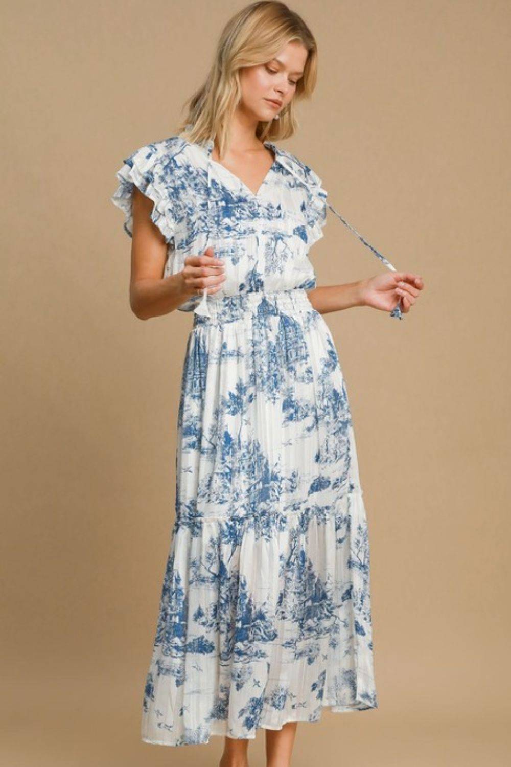 Umgee Full Size Two Tone Landscape Print Midi Dress Plus Size - Clothes For Her Online Store