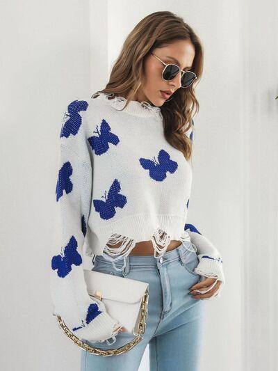 Distressed Butterfly Cropped Sweater