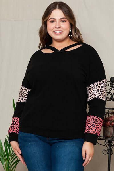 Plus Size Leopard Dropped Shoulder Long Sleeve T-Shirt - Clothes For Her Online Store