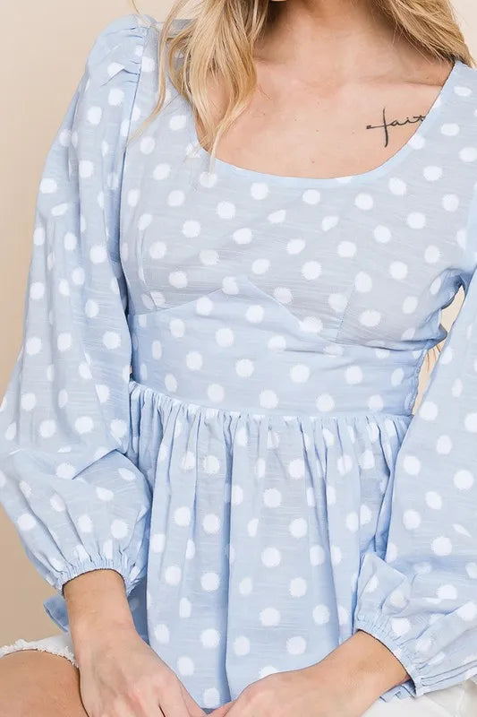 Lime 'N' Chili Polka Dot Print Balloon Sleeve Babydoll Peplum Top