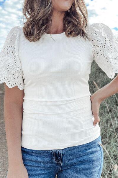 Eyelet Short Sleeve Patchwork Ribbed Top