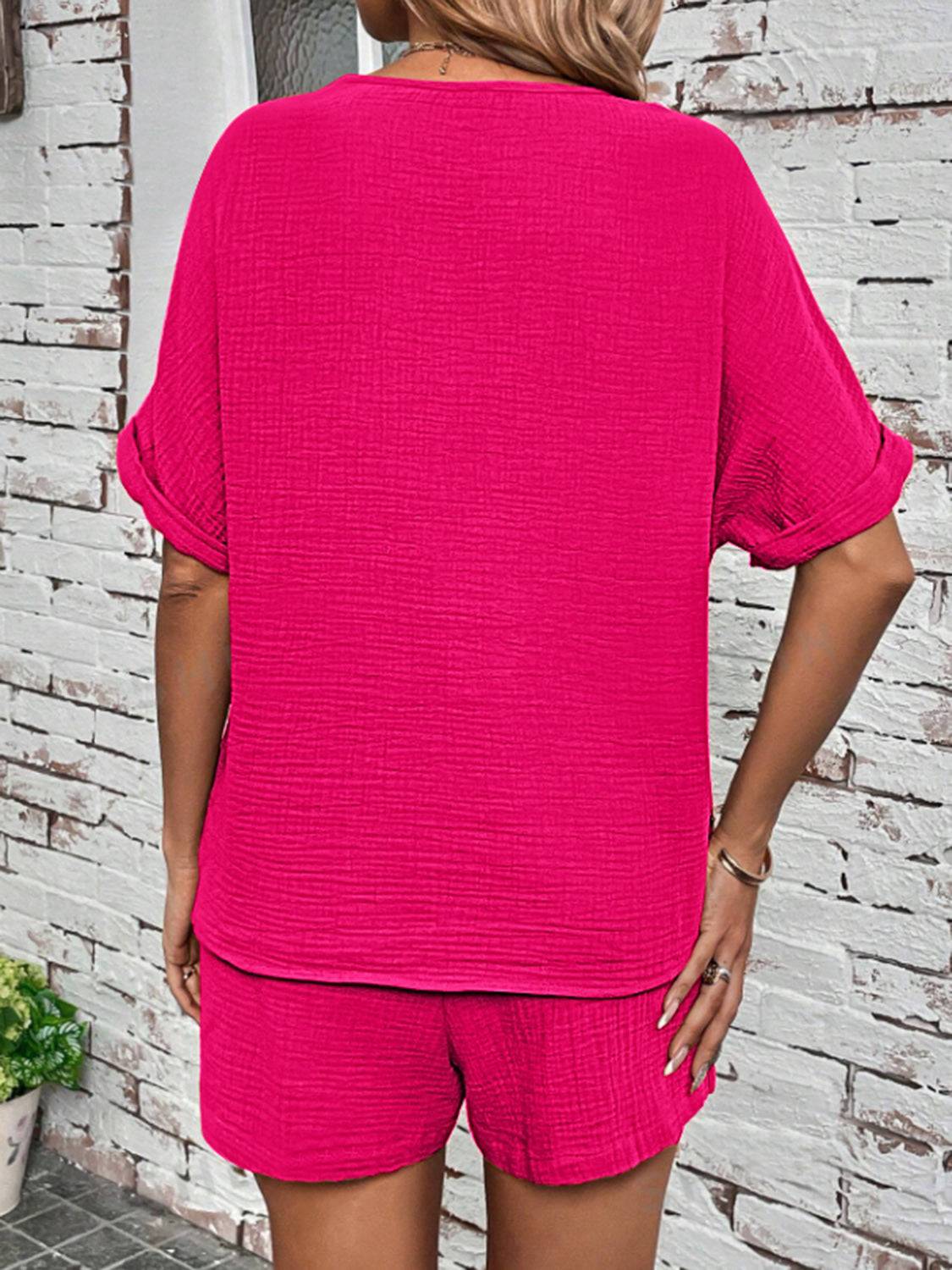 Notched Half Sleeve Top and Shorts Set - Clothes For Her Online Store