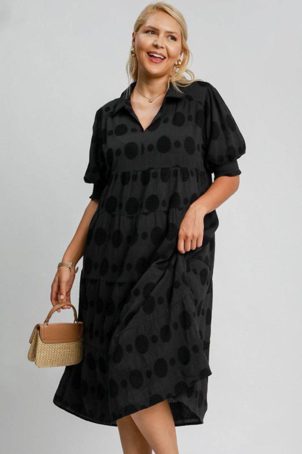 Umgee Full Size Swiss Dot Jacquard Tiered Midi Dress Plus Size - Clothes For Her Online Store