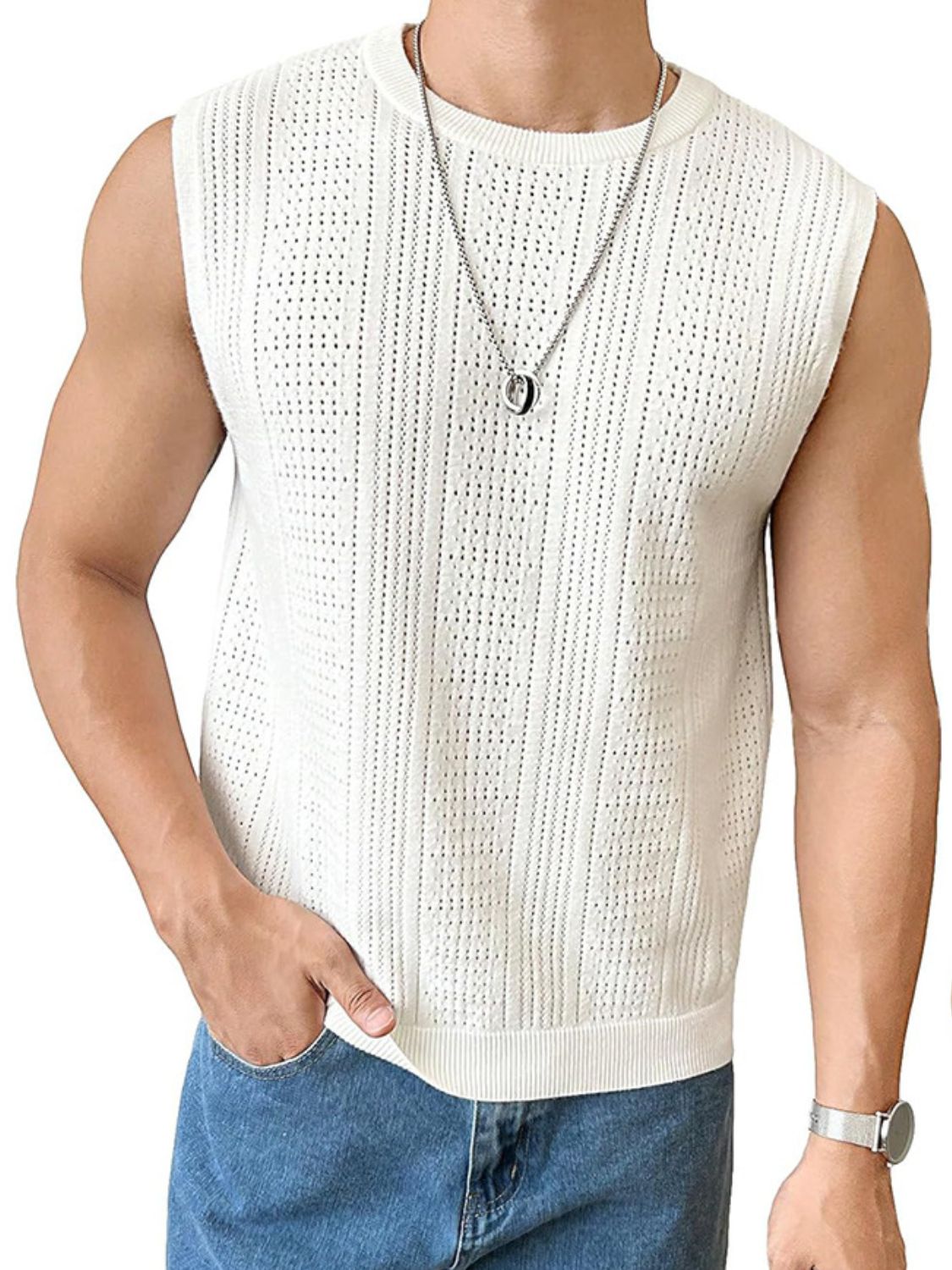 Men's Full Size Eyelet Round Neck Tank Plus Size - Clothes For Her Online Store