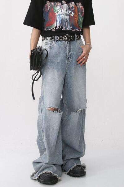 Distressed Raw Hem Wide Leg Men's Jeans