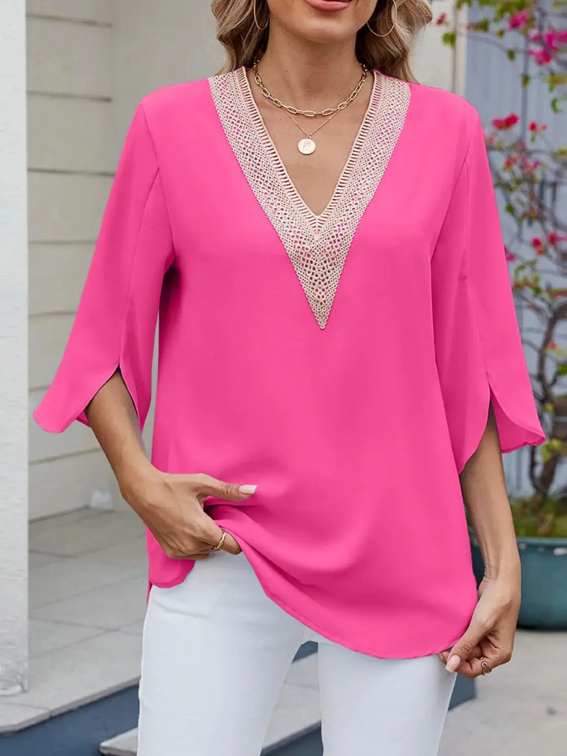 V-Neck 3/4 Sleeve Blouse - Clothes For Her Online Store
