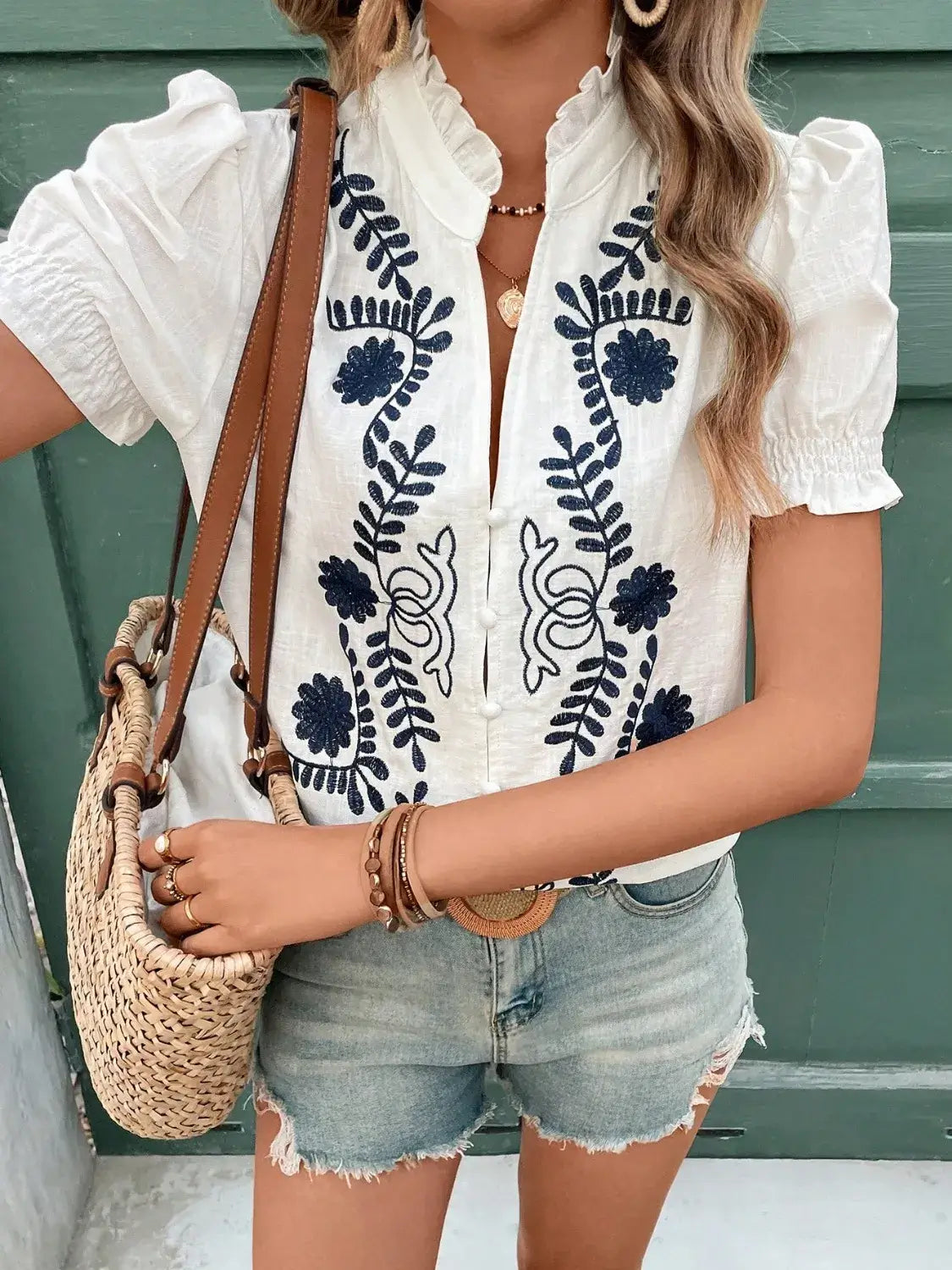 Embroidered Frill Notched Short Sleeve Blouse