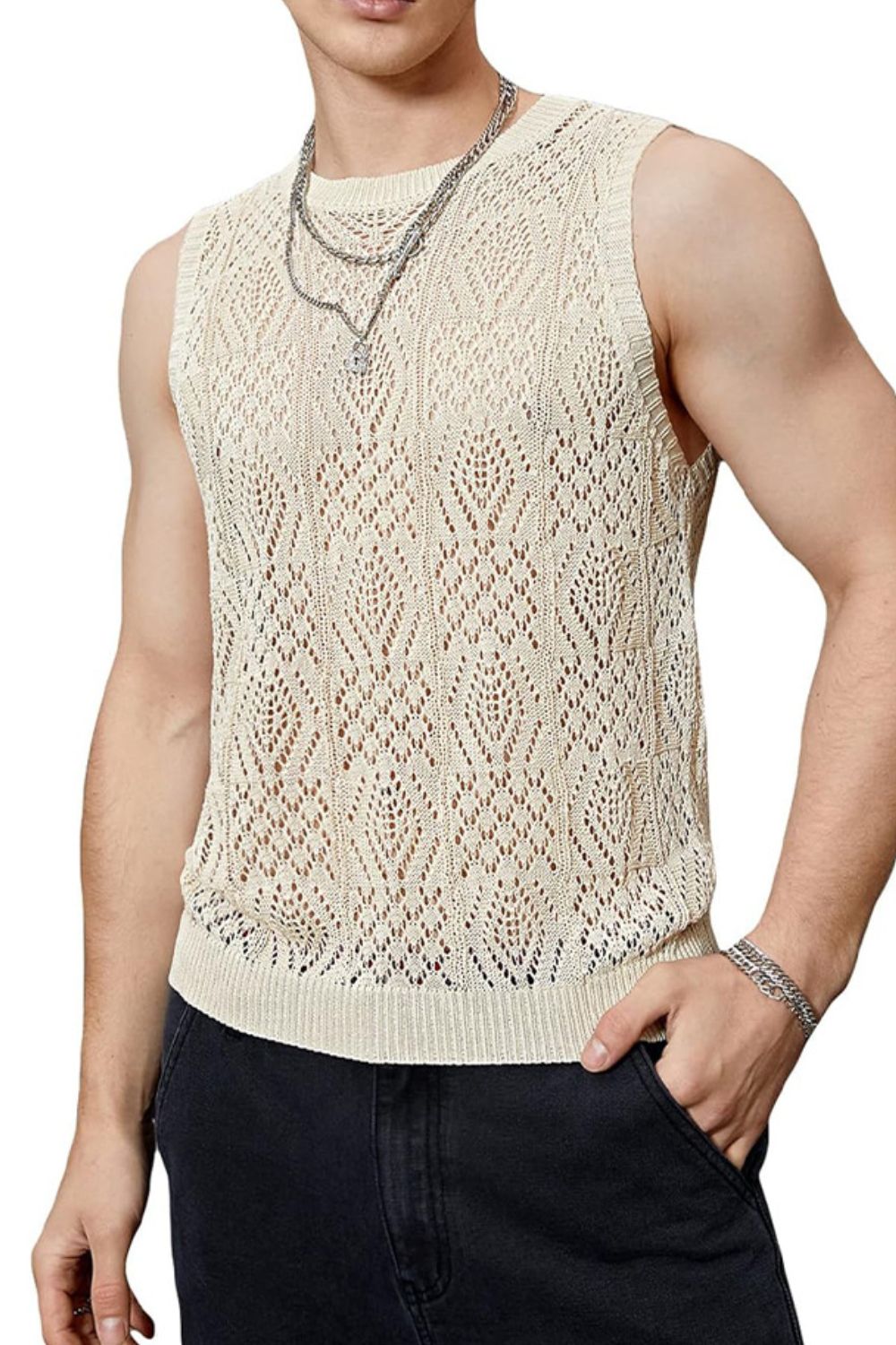 Men's Openwork Round Neck Tank - Clothes For Her Online Store