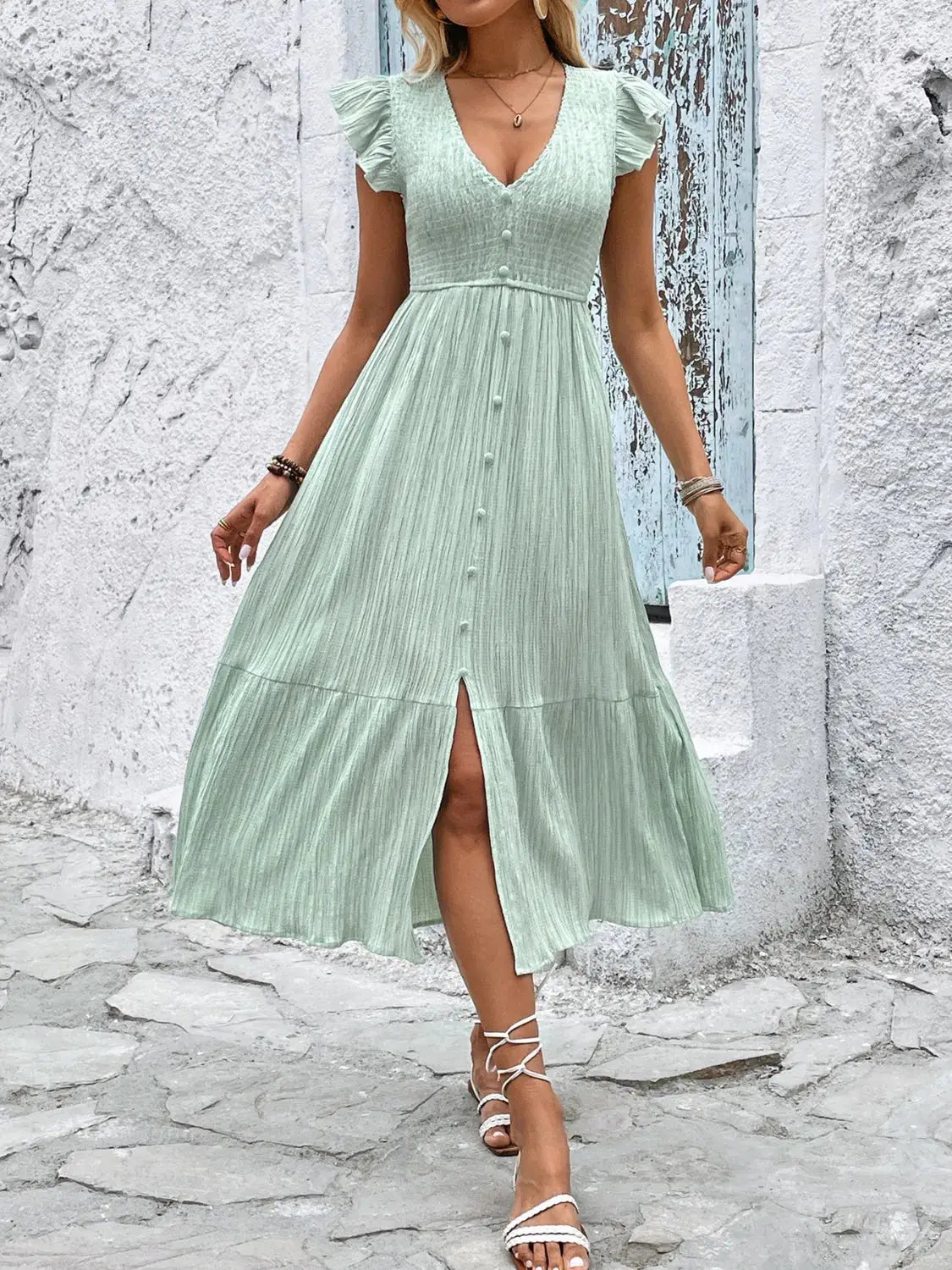 V-Neck Ruffled Cap Sleeve Dress - Clothes For Her Online Store