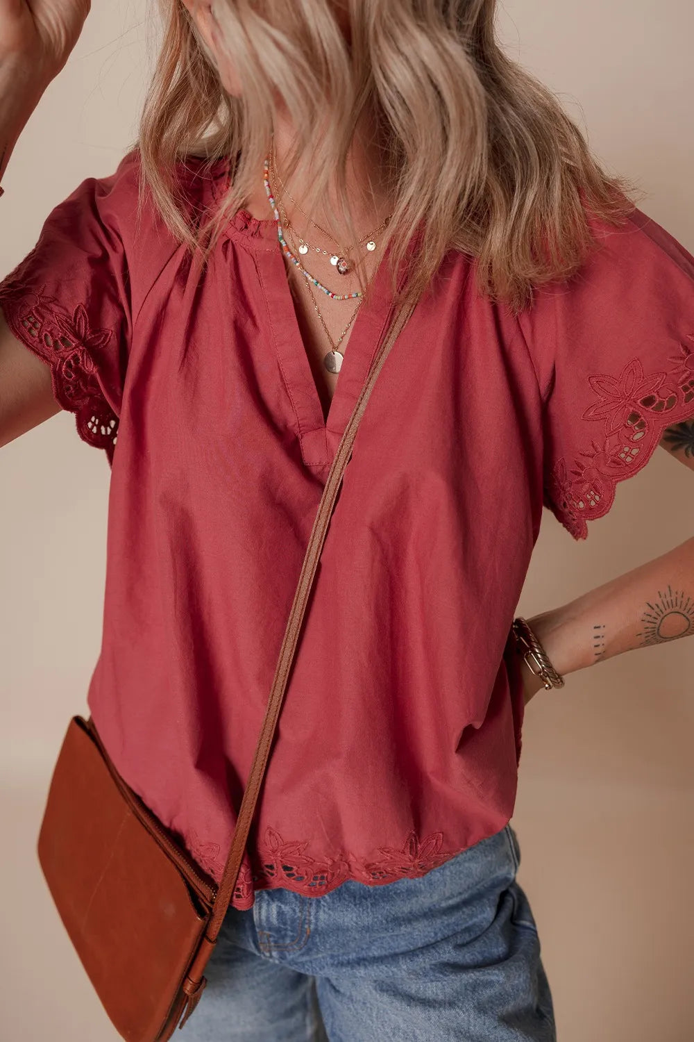 Floral Embroidered Scallop Trim Short Sleeve Notched Blouse