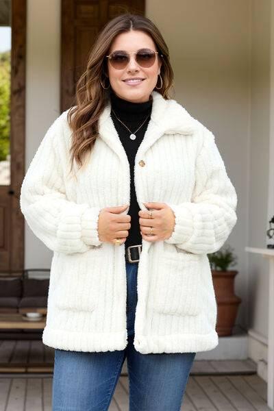 Plus Size Collared Neck Button Down Fuzzy Outerwear - Clothes For Her Online Store