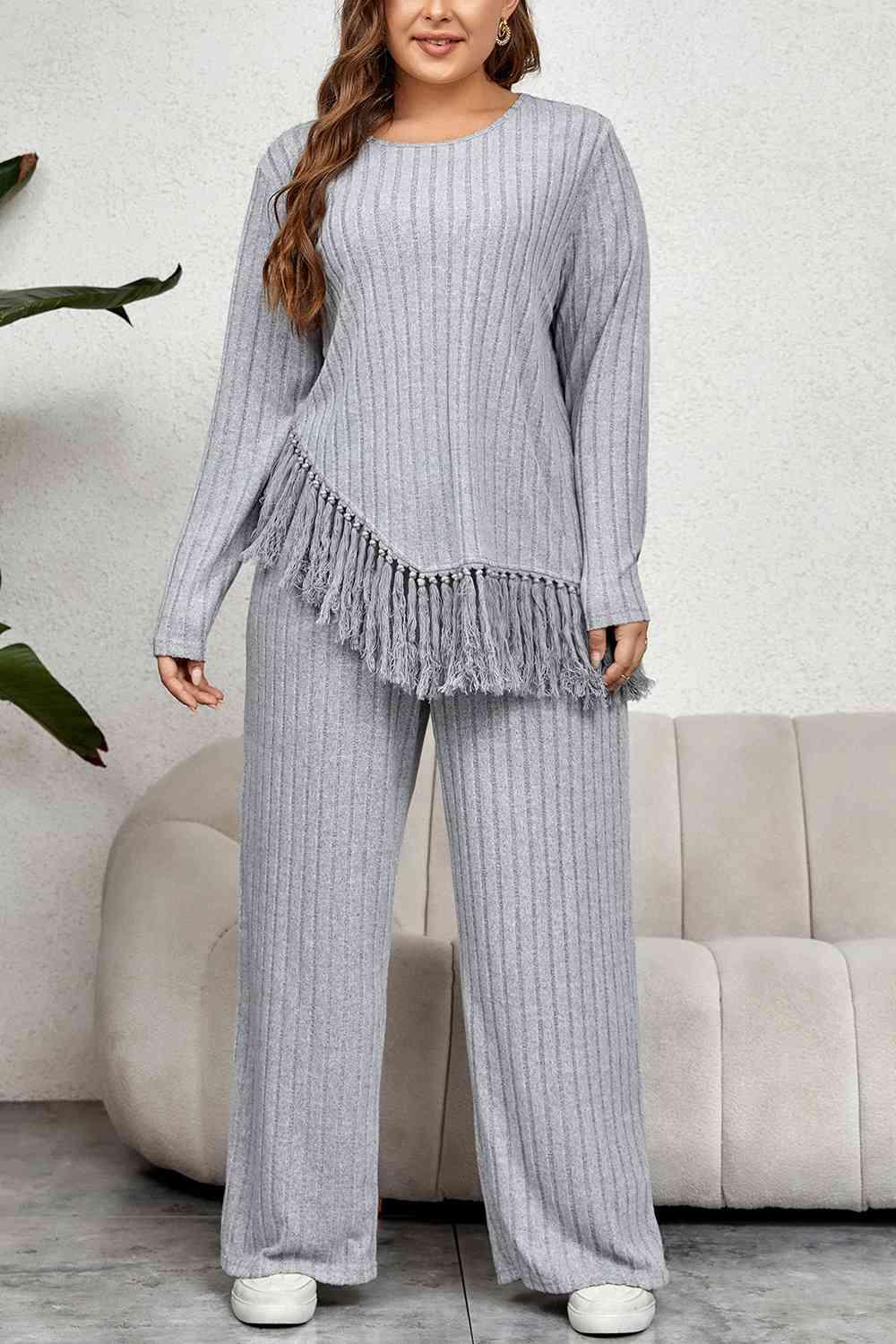 Honey Plus Size Tassel Hem Top and Pants Set - Clothes For Her Online Store