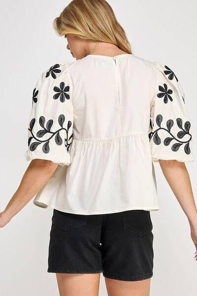 SAGE+FIG Puff-Sleeve Embroidered Peplum Blouse