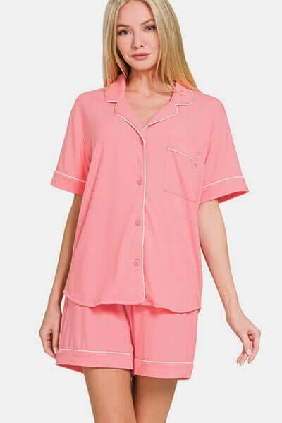 Zenana Button Down Short Sleeve Top and Shorts Lounge Set