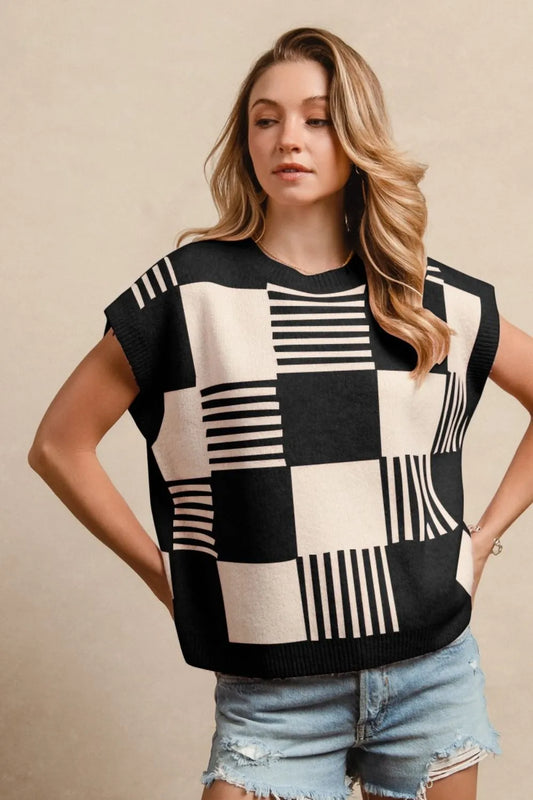BiBi Checker With Stripes Pattern Sleeveless Sweater