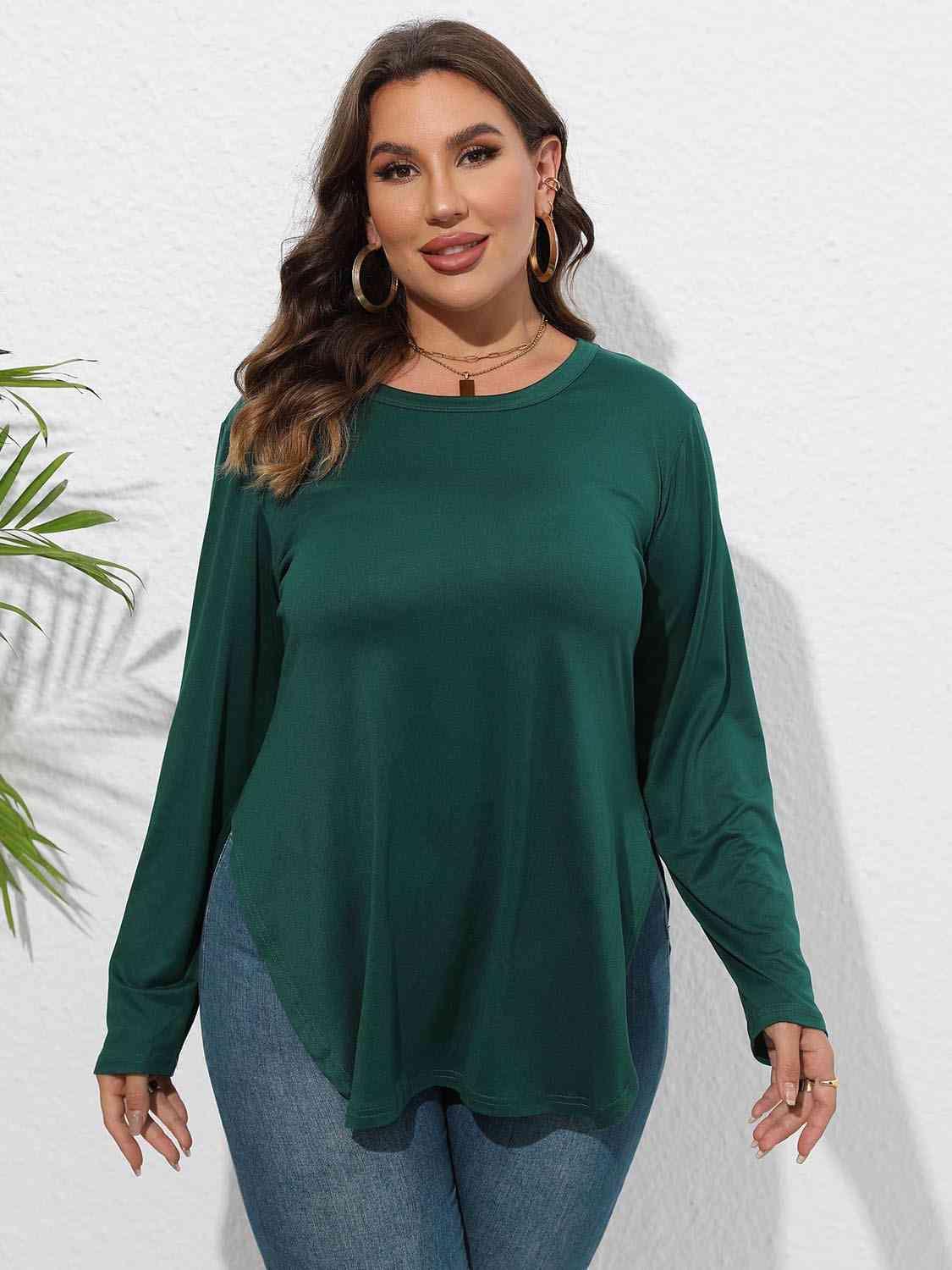 Plus Size Round Neck Long Sleeve Slit T-Shirt - Clothes For Her Online Store