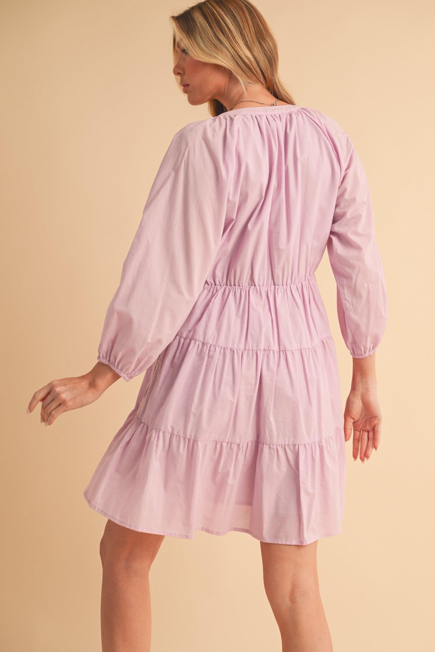 Aemi + Co Notched Balloon Sleeve Tiered Mini Dress