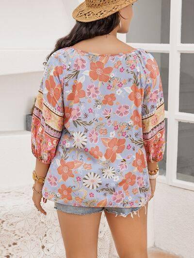 Plus Size Printed Tie Neck Balloon Sleeve Blouse