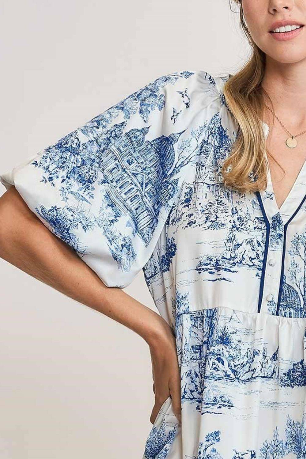 Umgee Full Size Two Tone Landscape Print Dress Plus Size - Clothes For Her Online Store