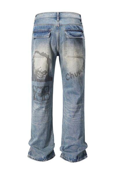 Men's Distressed Detail Printed Baggy Jeans