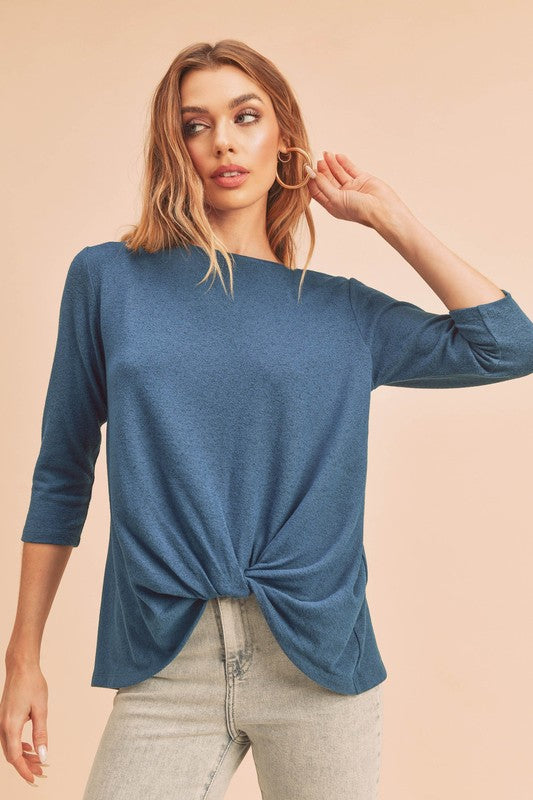 Aemi + Co Twist Front Round Neck 3/4 Sleeve T-Shirt - Clothes For Her Online Store