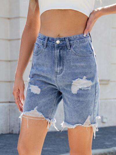 Distressed Raw Hem Denim Shorts