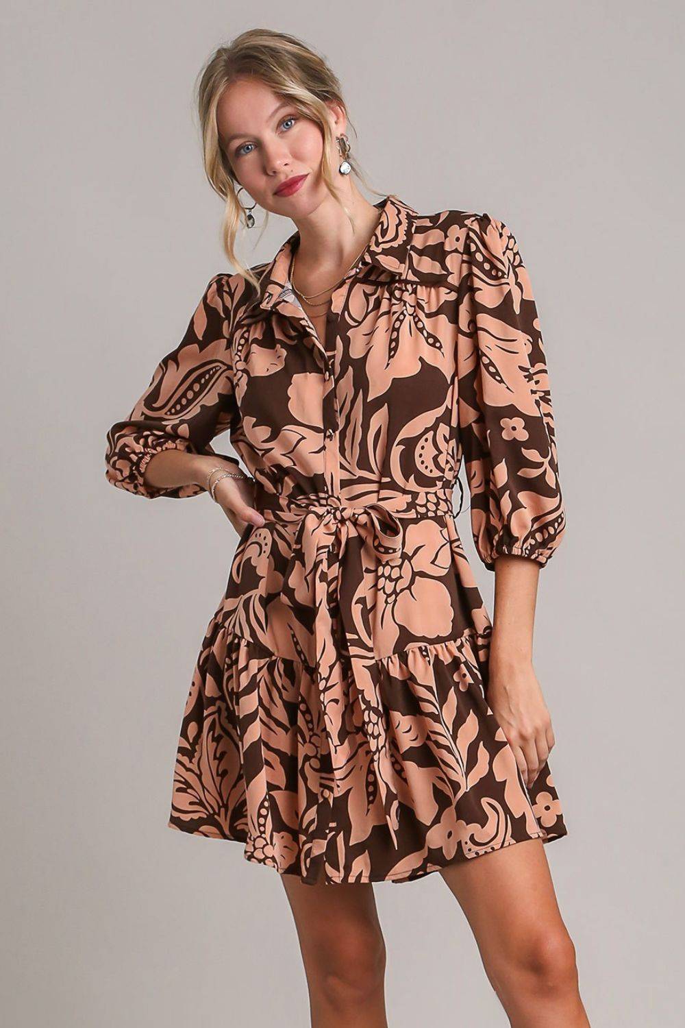 Umgee Full Size Two Tone Floral Print Puff Sleeve Tie Waist Dress Plus Size - Clothes For Her Online Store