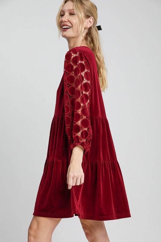 Umgee Dotted Lace Sleeve Tiered Velvet Mini Dress - Clothes For Her Online Store