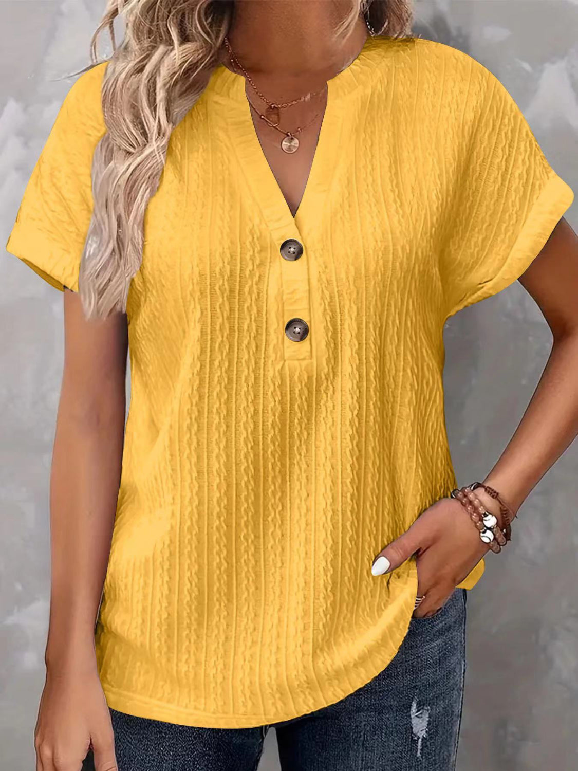 Textured Notched Short Sleeve Top