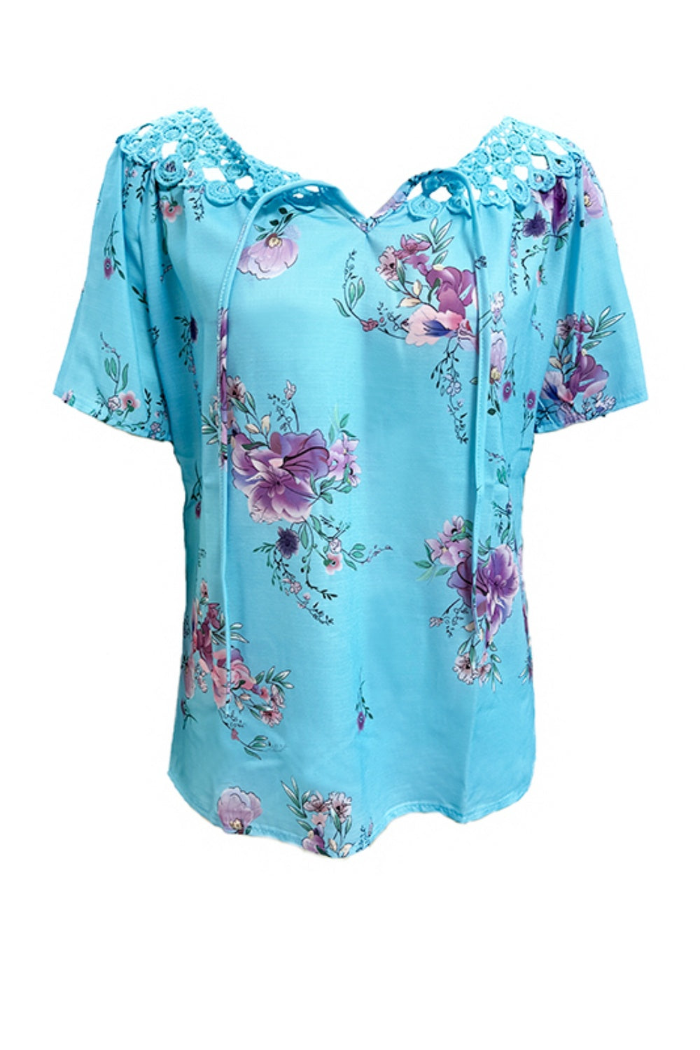Full Size Printed Tie Neck Short Sleeve Blouse - Clothes For Her Online Store