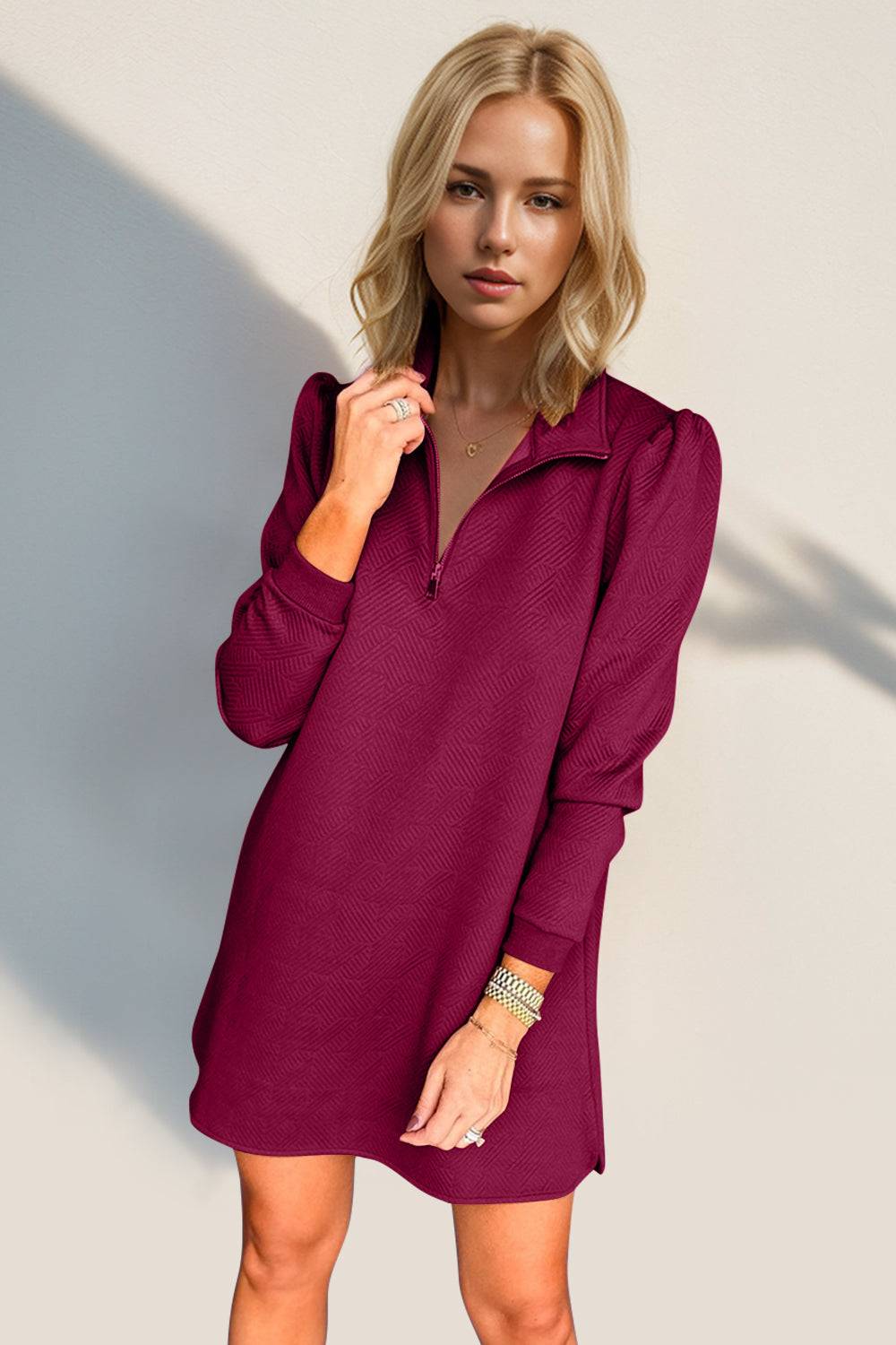 Double Take Textured Quarter Zip Long Sleeve Dress - Clothes For Her Online Store