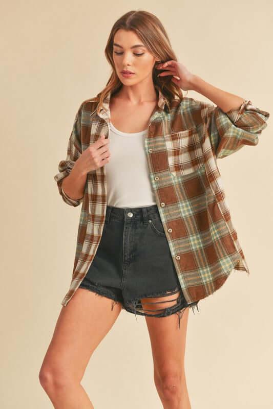 Aemi + Co Frayed Hem Plaid Button Up Flannel Shirt