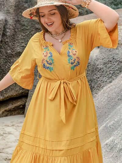 Plus Size Notched Tie Waist Half Sleeve Midi Dress - Clothes For Her Online Store