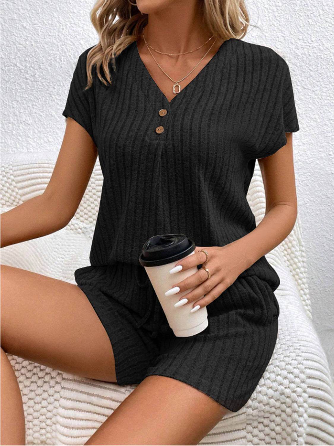 Ribbed V-Neck Top and Shorts Set - Clothes For Her Online Store