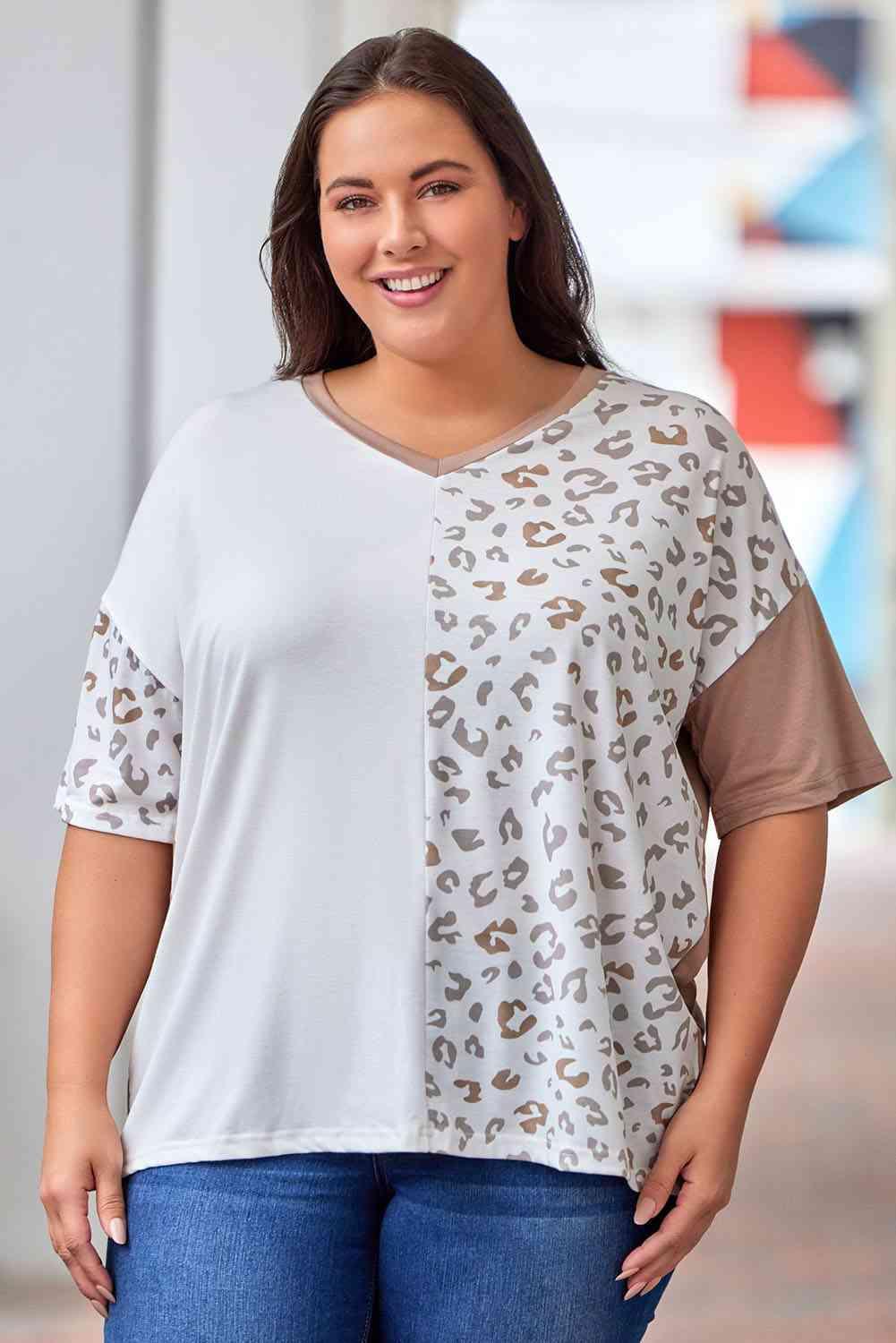 Plus Size Leopard V-Neck T-Shirt - Clothes For Her Online Store
