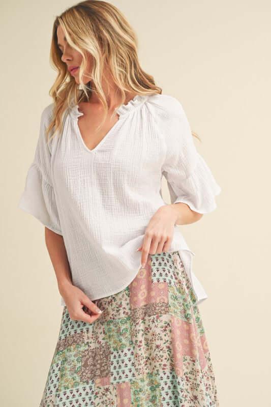 Aemi + Co Side Slit Notched Ruffled Half Sleeve Blouse