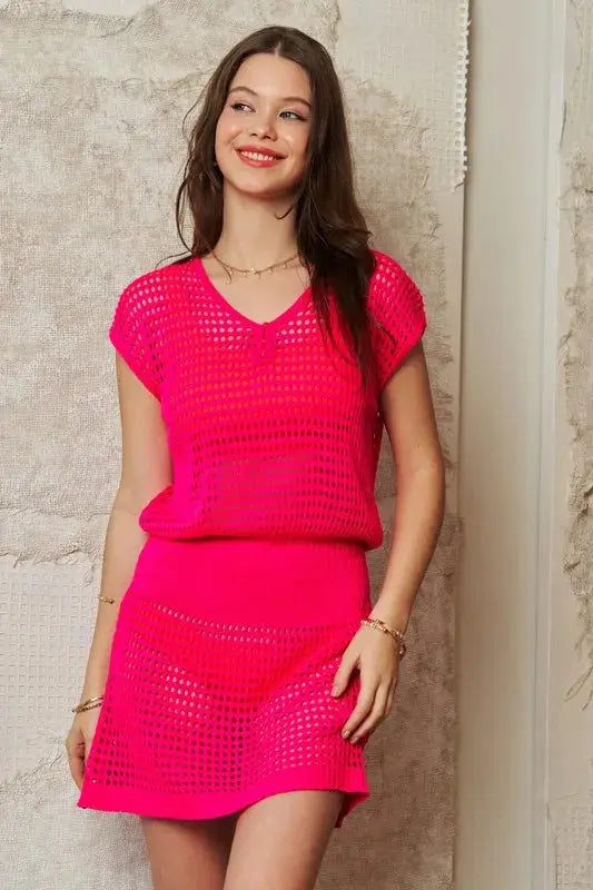 Davi & Dani Sleeveless V Neck Mesh Knit Cover Up Dress - Clothes For Her Online Store