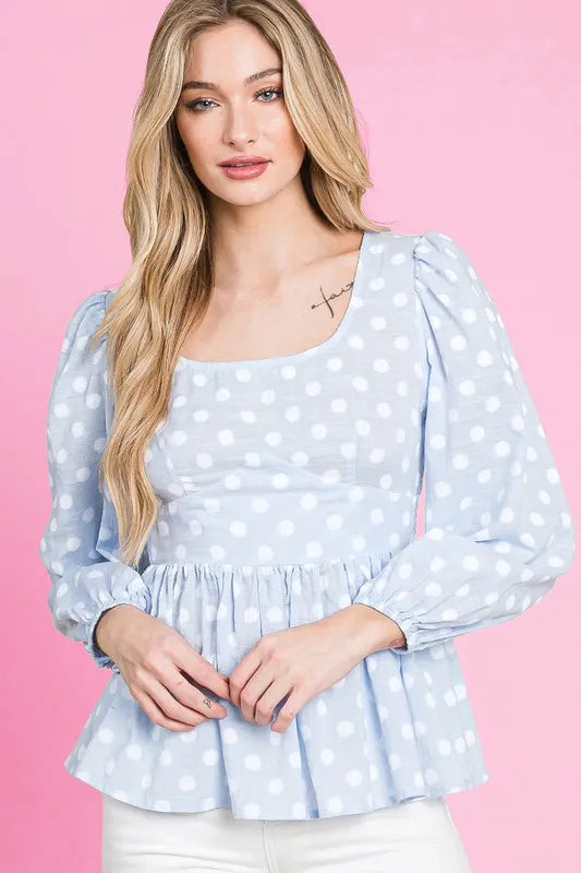 Lime 'N' Chili Polka Dot Print Balloon Sleeve Babydoll Peplum Top