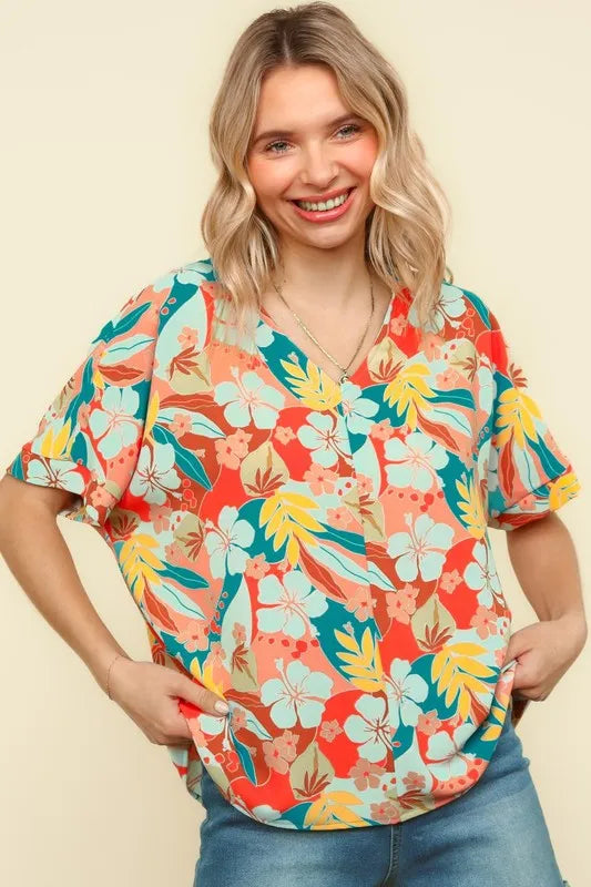 Haptics V Neck Drop Shoulder Hawaiian Woven Top