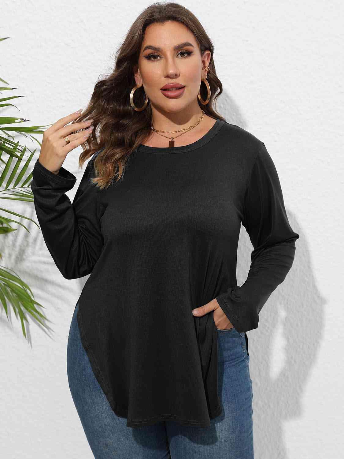 Plus Size Round Neck Long Sleeve Slit T-Shirt - Clothes For Her Online Store