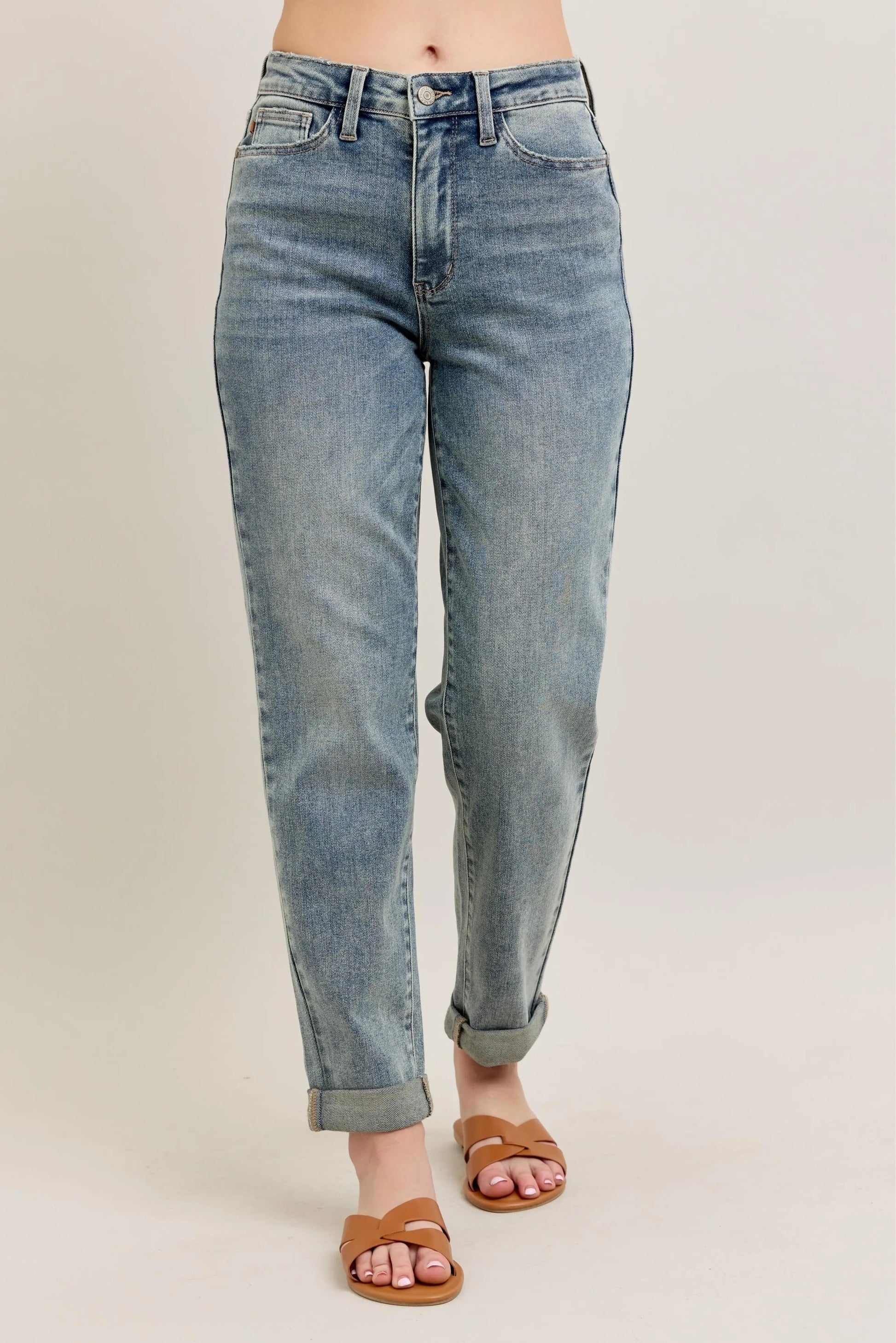 Judy Blue Full Size Hw Vintage Wash Double Roll Cuff Bf Jeans Plus Size