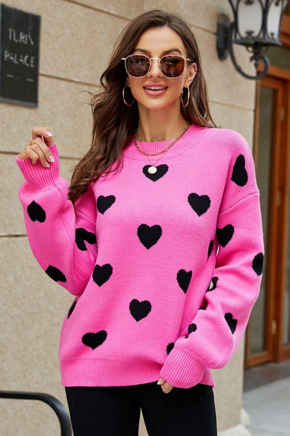 Woven Right Heart Pattern Lantern Sleeve Round Neck Tunic Sweater - Clothes For Her Online Store