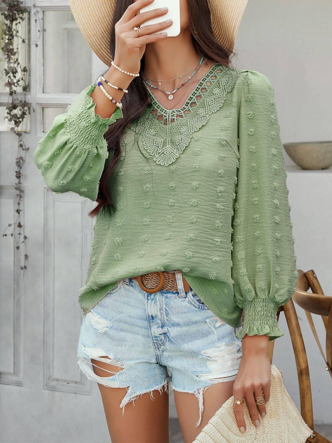 Devine Swiss Dot Lace Detail V-Neck Long Sleeve Blouse