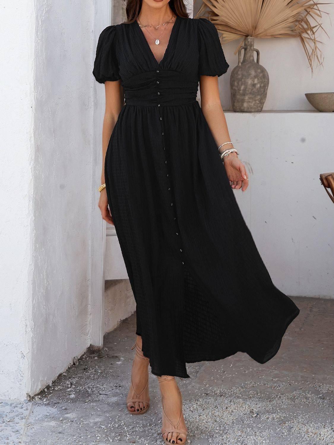 Devine V-Neck Puff Short Sleeve Midi Dress