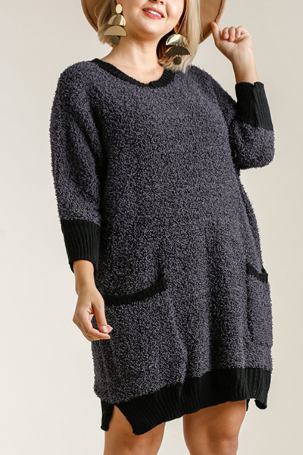 Umgee Full Size Ribbed Hem Round Neck 3/4 Sleeve Sweater Dress with Pockets Plus Size - Clothes For Her Online Store
