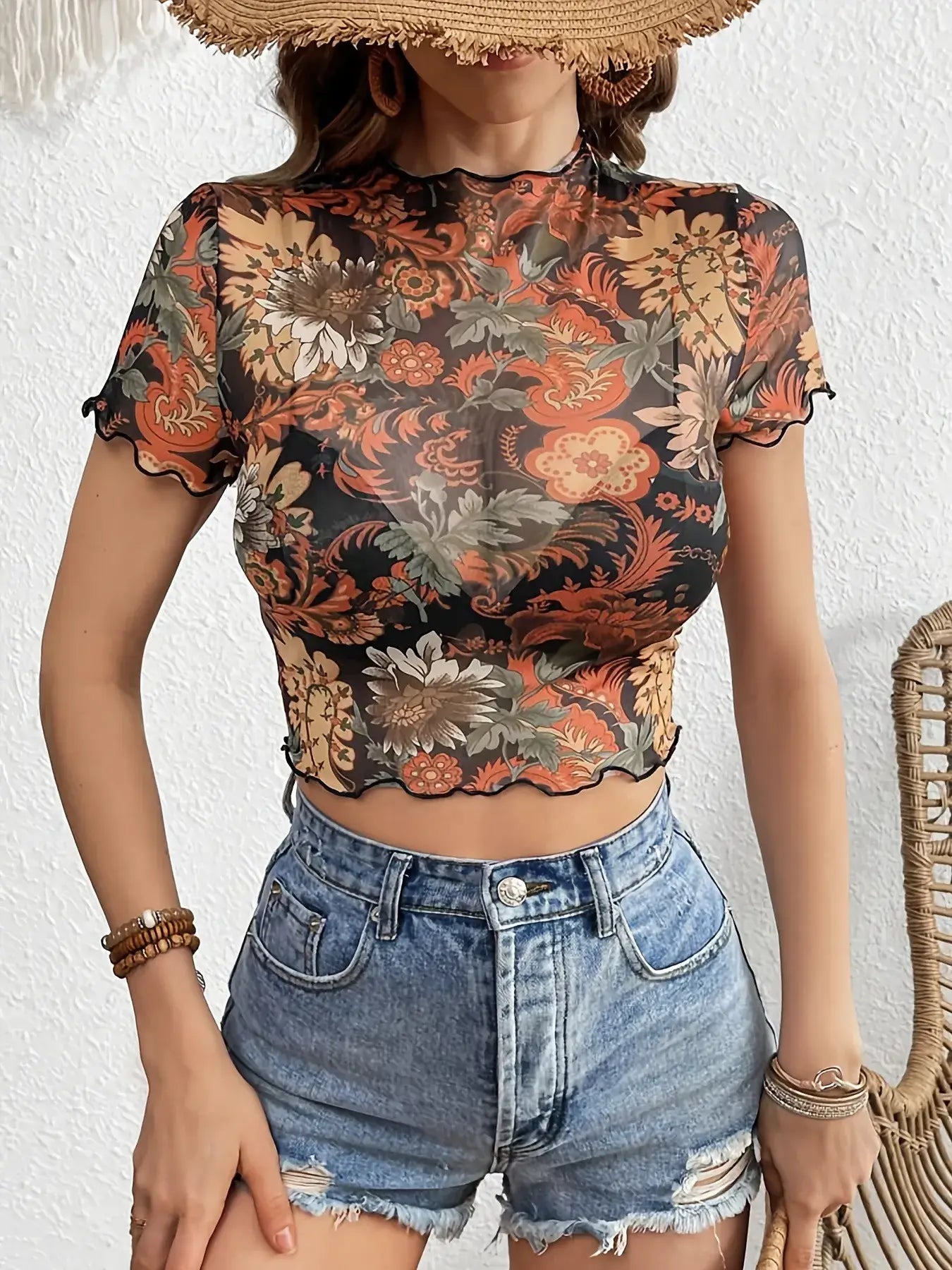 Floral Mesh Crop Top with Lettuce Trim